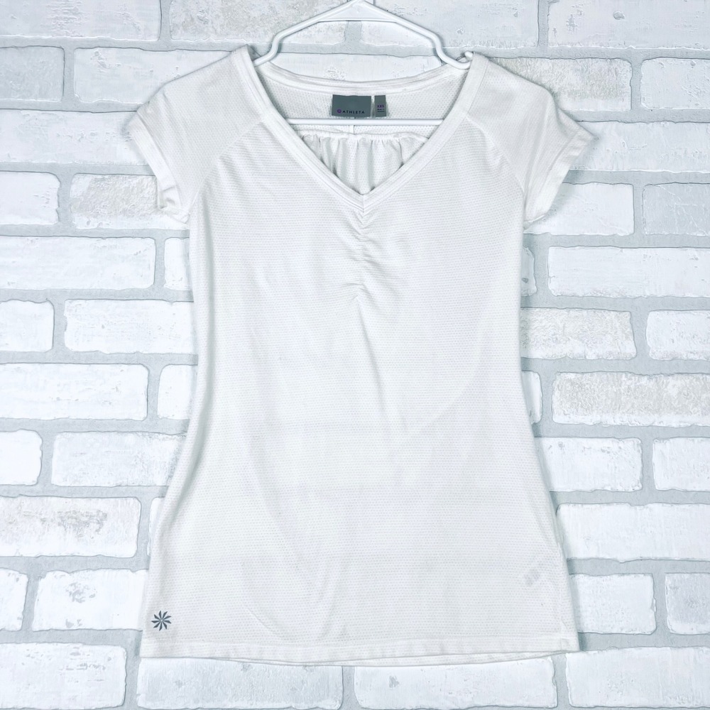 Athleta White V Neck‎ Short Sleeve Ruched Workout Top Womens XXS Activewear